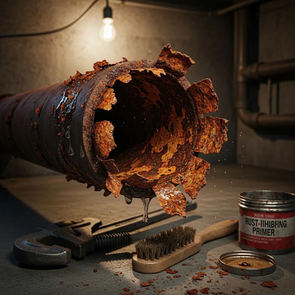 Rusty pipe with flaking surface indicating corrosion and wear