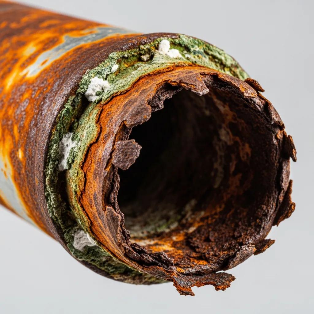 Corroded pipe with visible damage — inspect exposed plumbing for signs of wear