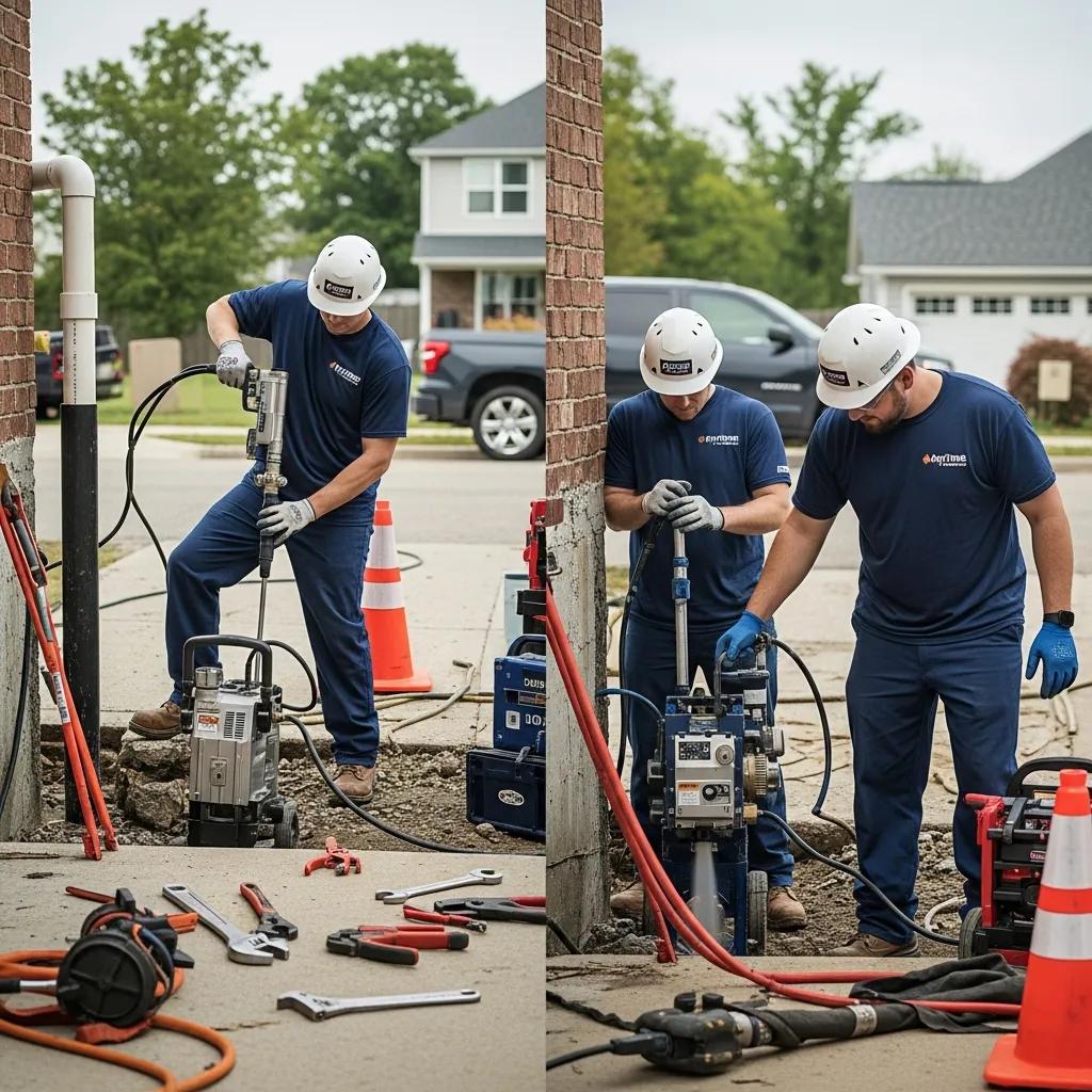 Anytime Rooter & Plumbing technicians working together on a residential pipe repair