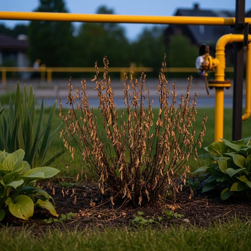 Dead or discolored plants near a utility line — a visual clue for a potential gas leak