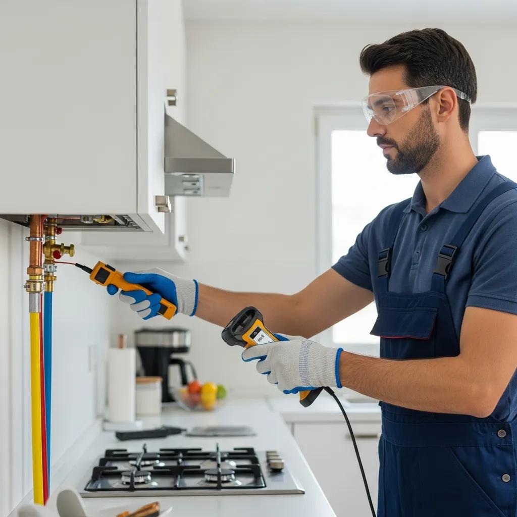 Technician checking a home's gas line — safety first for gas leak inspections