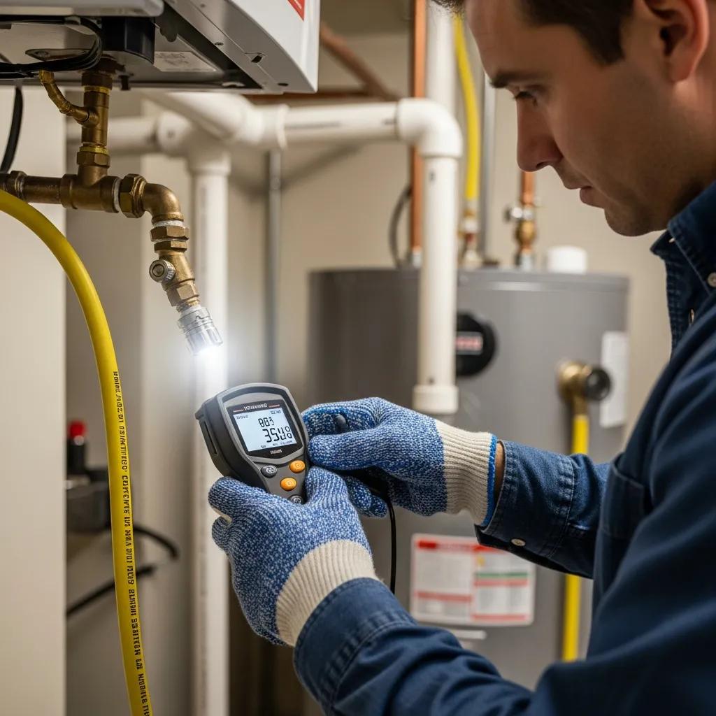 Homeowner inspecting gas line for leaks with safety equipment