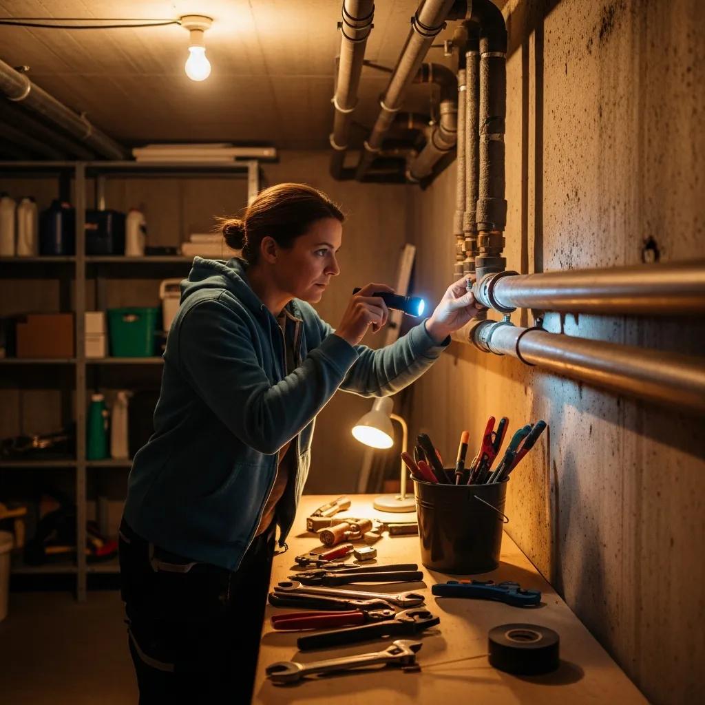 Homeowner checking insulated pipes as part of routine maintenance