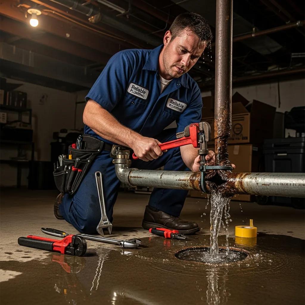 Plumber repairing a burst pipe in a home, showcasing emergency plumbing services