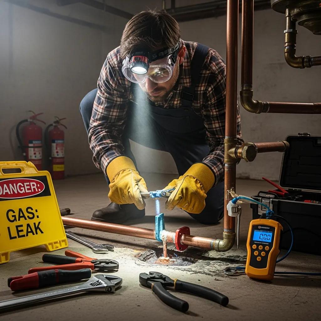 Plumber repairing a gas line while wearing protective gear and using professional tools