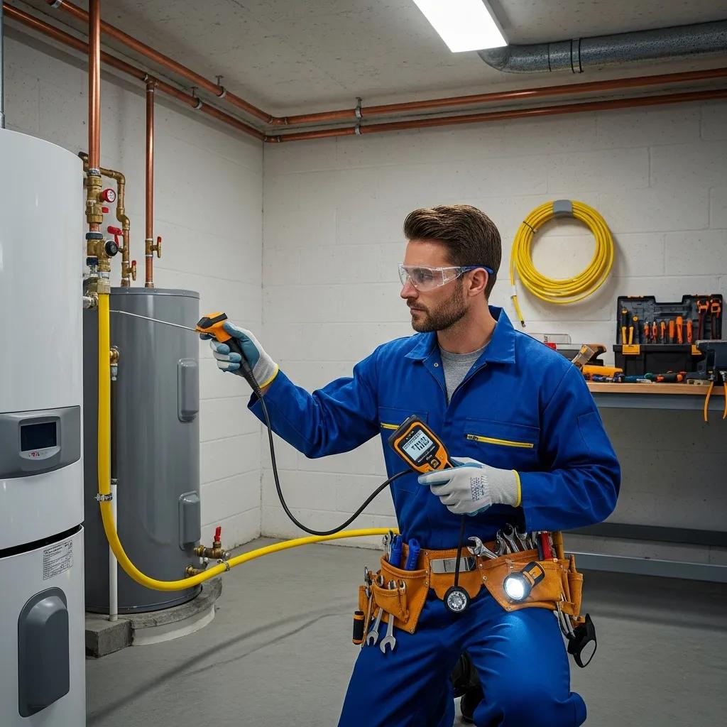 Professional plumber inspecting gas line for leaks in a residential setting