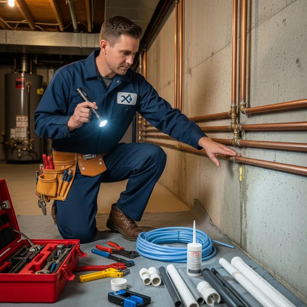 Professional plumber inspecting residential pipes for damage and leaks
