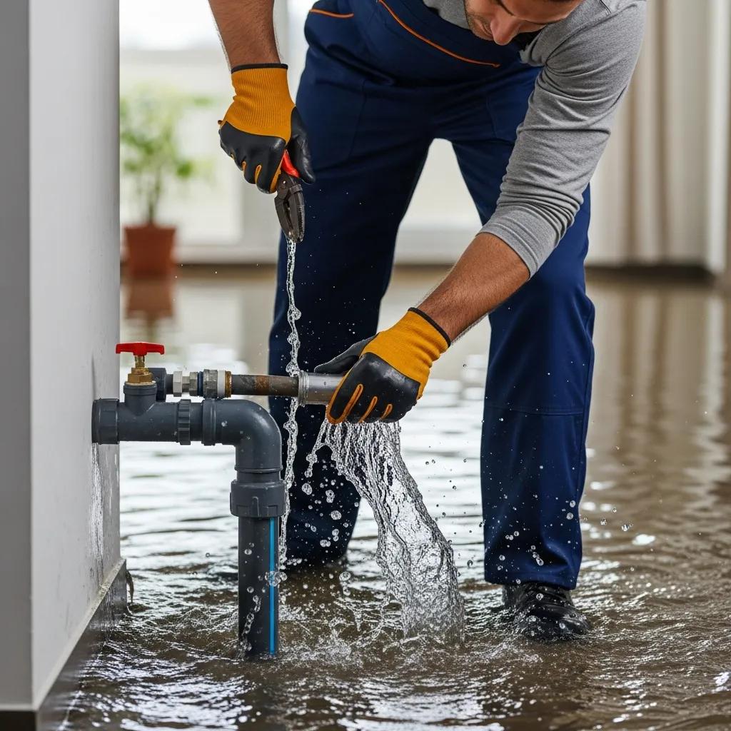 Professional plumber repairing a burst pipe in a residential emergency situation