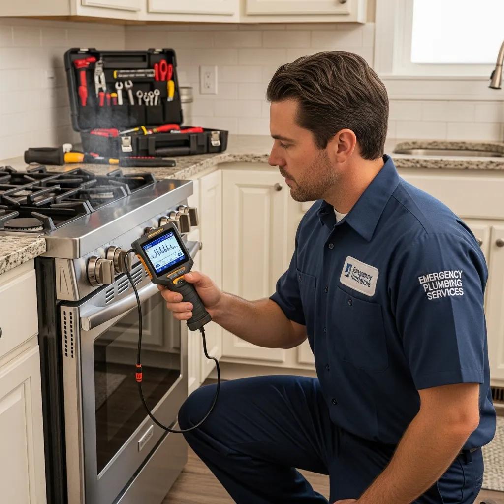 Professional plumber using gas leak detection equipment in a residential setting