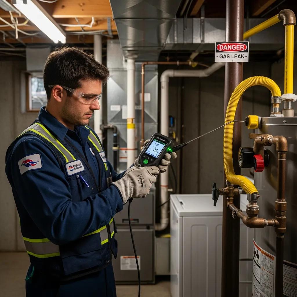 Professional technician using a gas leak detector in a home setting