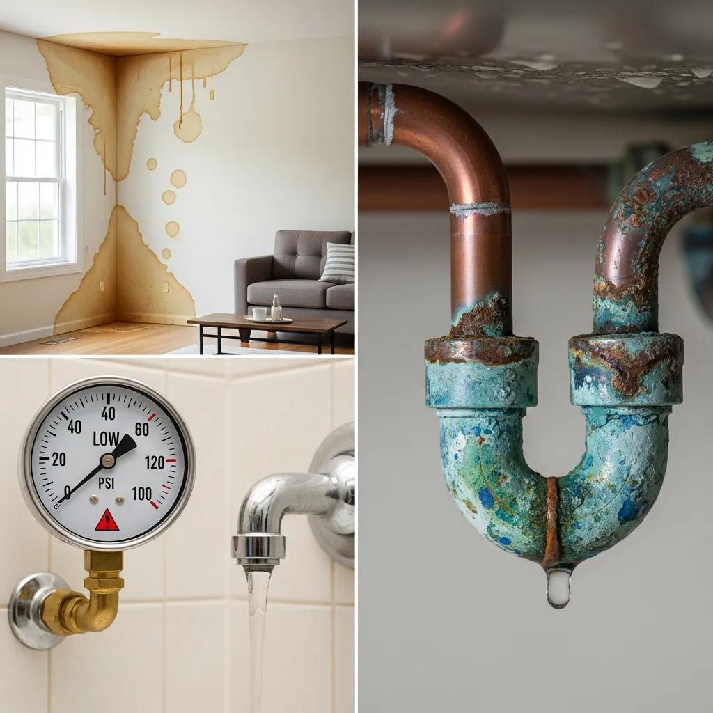 Visible signs of pipe damage like water stains and corroded pipe sections