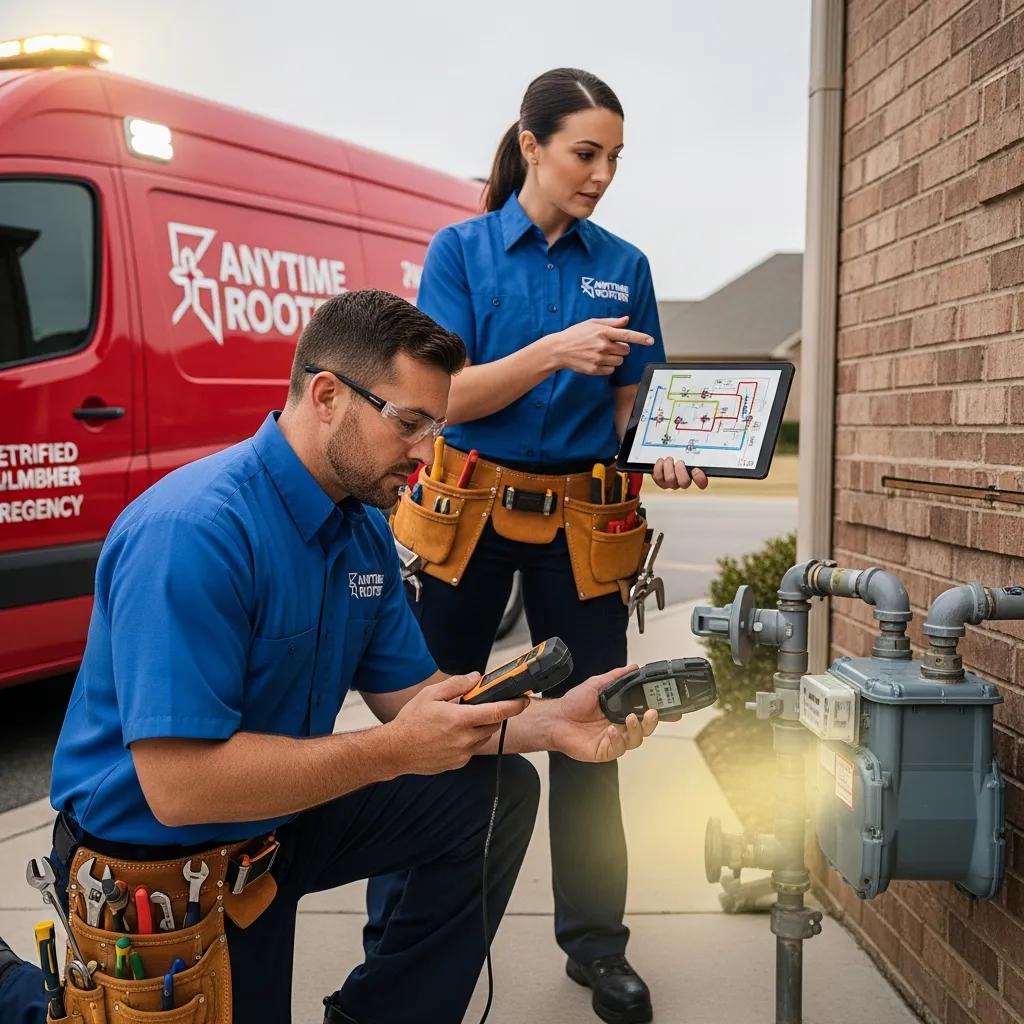 Certified plumbers responding to a gas leak emergency with detection tools