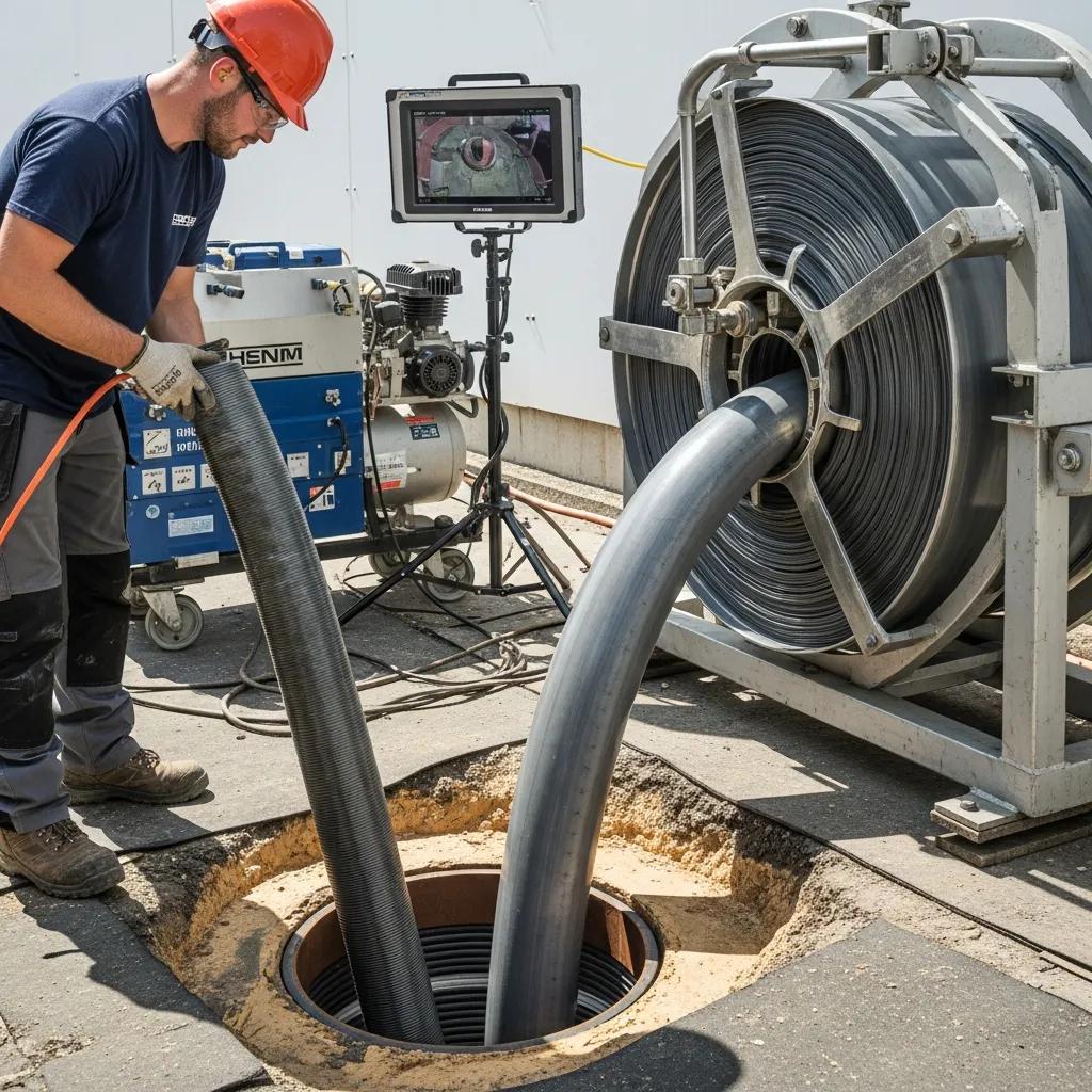 Technician using trenchless pipe repair equipment to avoid large excavations