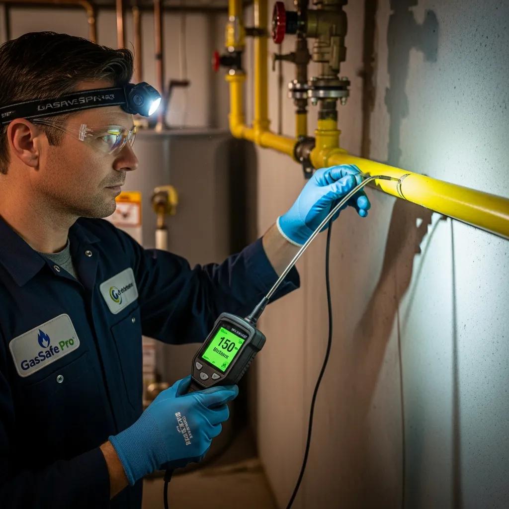 Technician using gas leak detection equipment in a residential setting
