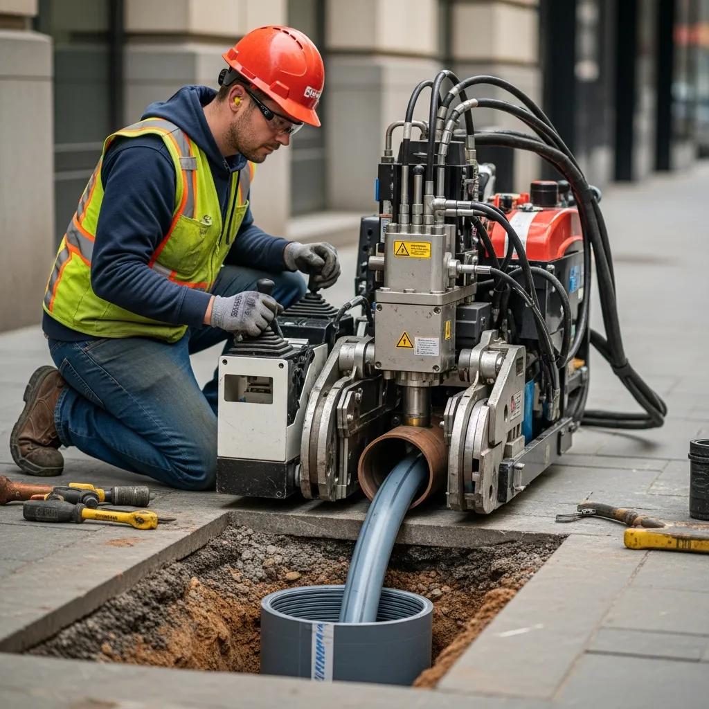 Technician using trenchless technology for pipe replacement