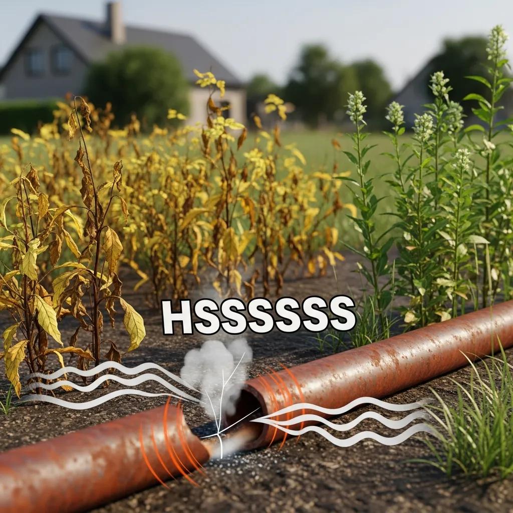 Signs of a natural gas leak such as a hissing sound and dead vegetation