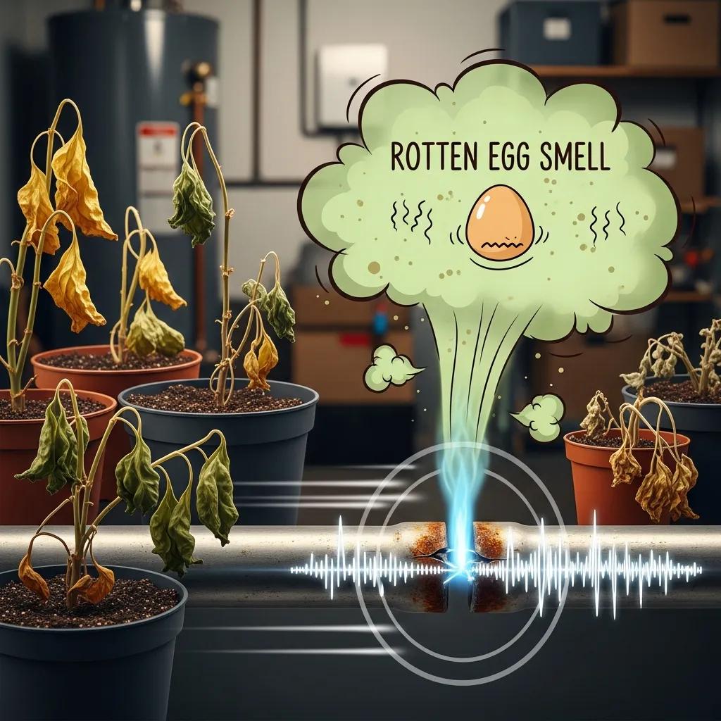 Signs of a gas leak: hissing pipe area and nearby wilting plants